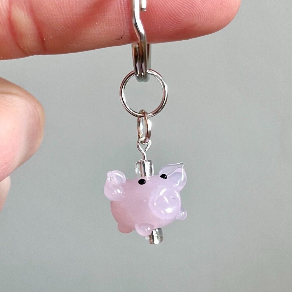 Glass Pink Pig Charm Key Chain